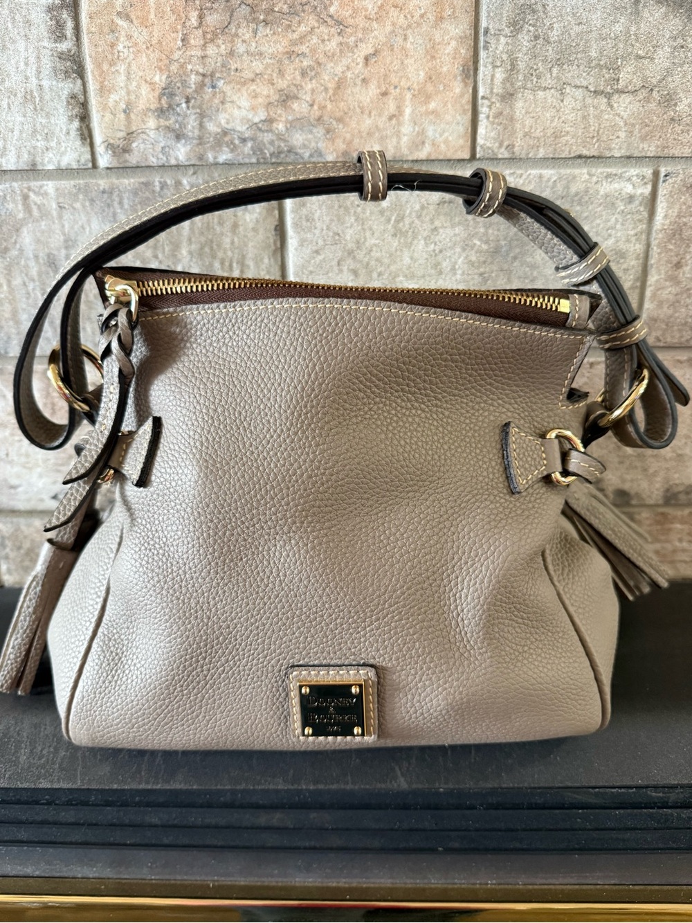 Dooney & Bourke Taupe Leather Shoulder Bag with Dark Trim